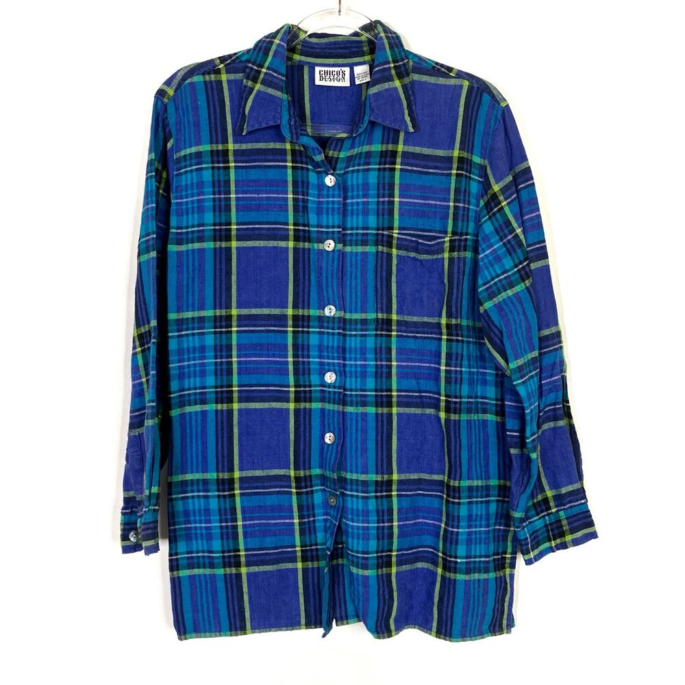 Chico's Design Vintage Linen Plaid Button Up Shirt Blue Purple Chicos 2/US Large